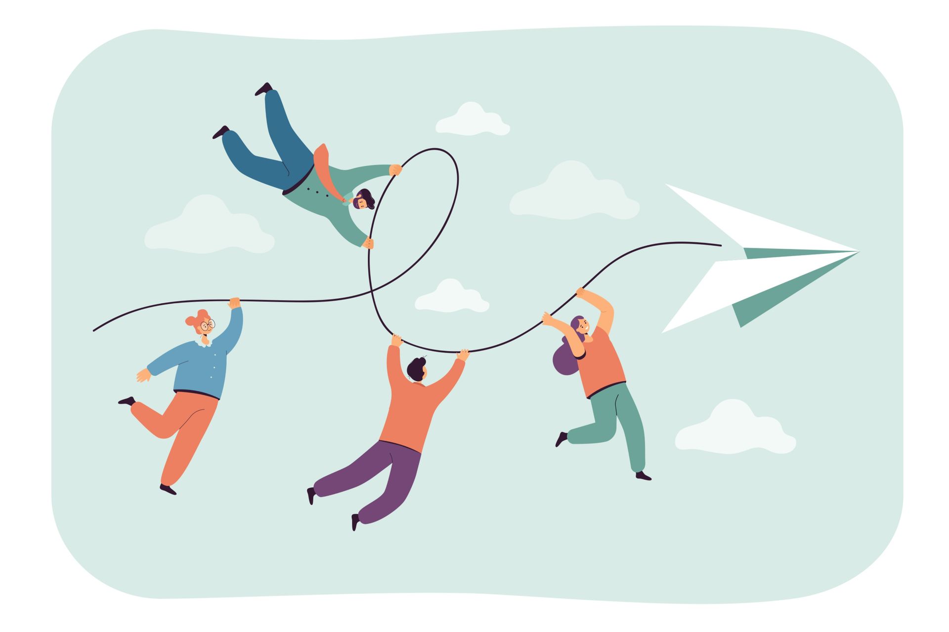 People pulling a paper airplane with a looped string, blue sky background.